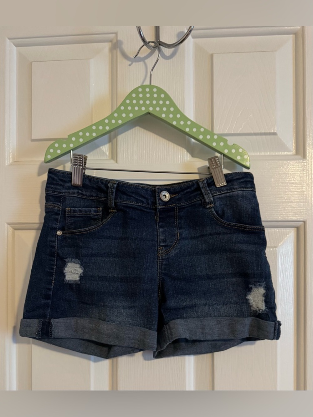 Girls Dark Blue Rolled Hem Denim Shorts with Distressed Detail